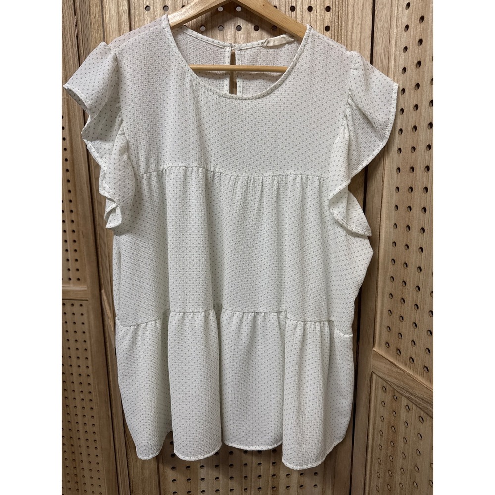 Altar'd State White Sage Green Polka Dot Tiered Babydoll Flutter Sleeve Top L